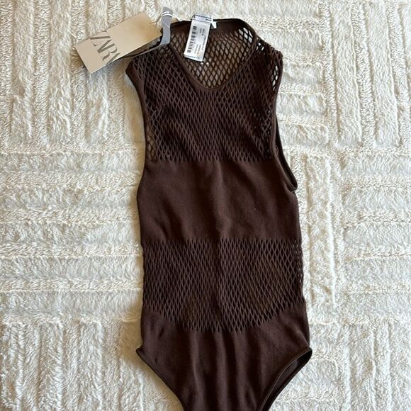 NWT Zara Seamless Mesh Chocolate‎ Brown Fall Contour stretch Bodysuit XS/S - Picture 5 of 7